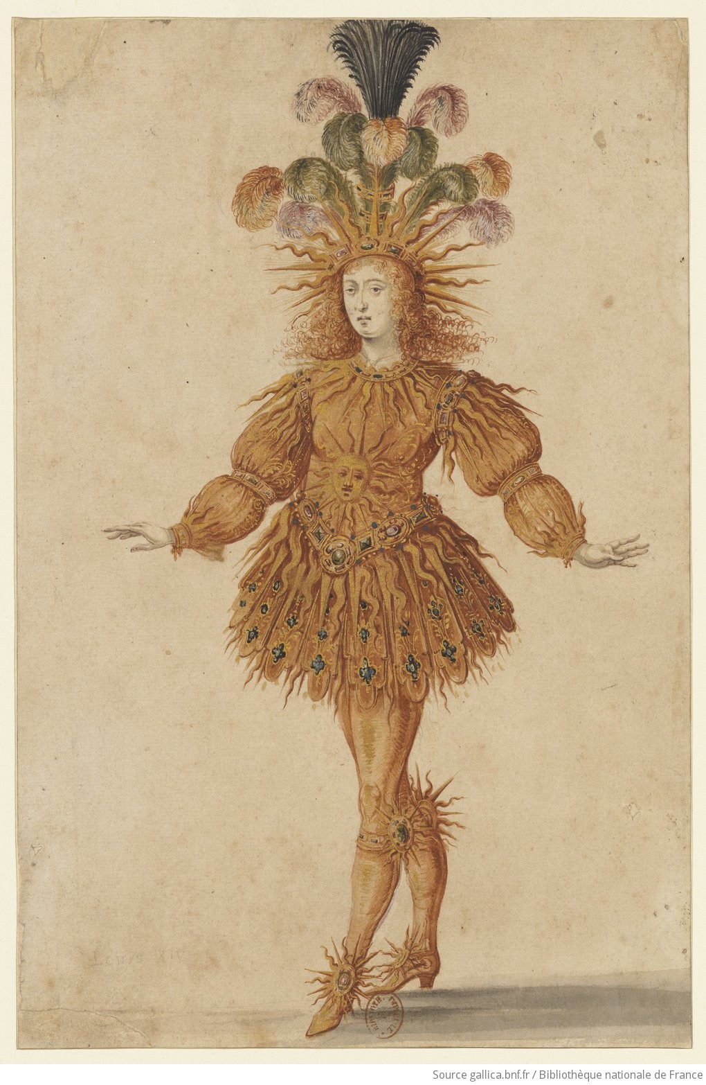 A king dressed as the golden sun in an old ballet costume.