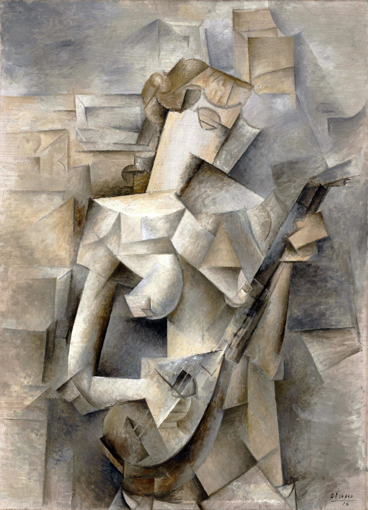 A cubist painting of a girl holding a mandolin by Picasso.