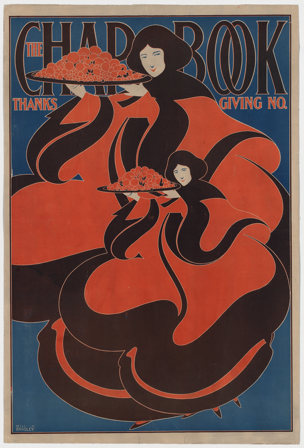 A fancy old poster showing two women carrying trays of food.