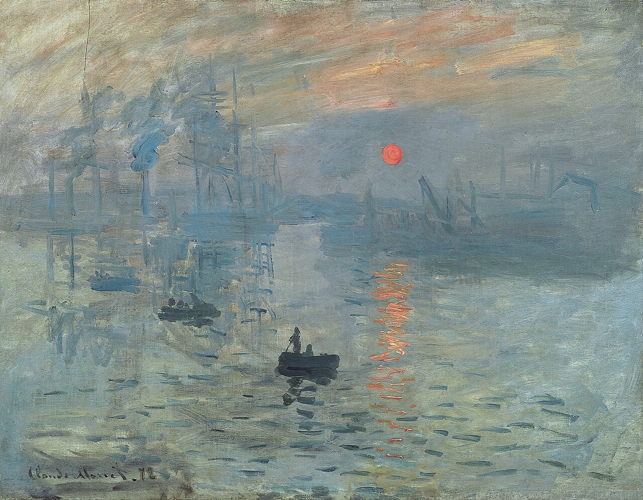 A soft painting of an orange sun rising over a misty harbor.