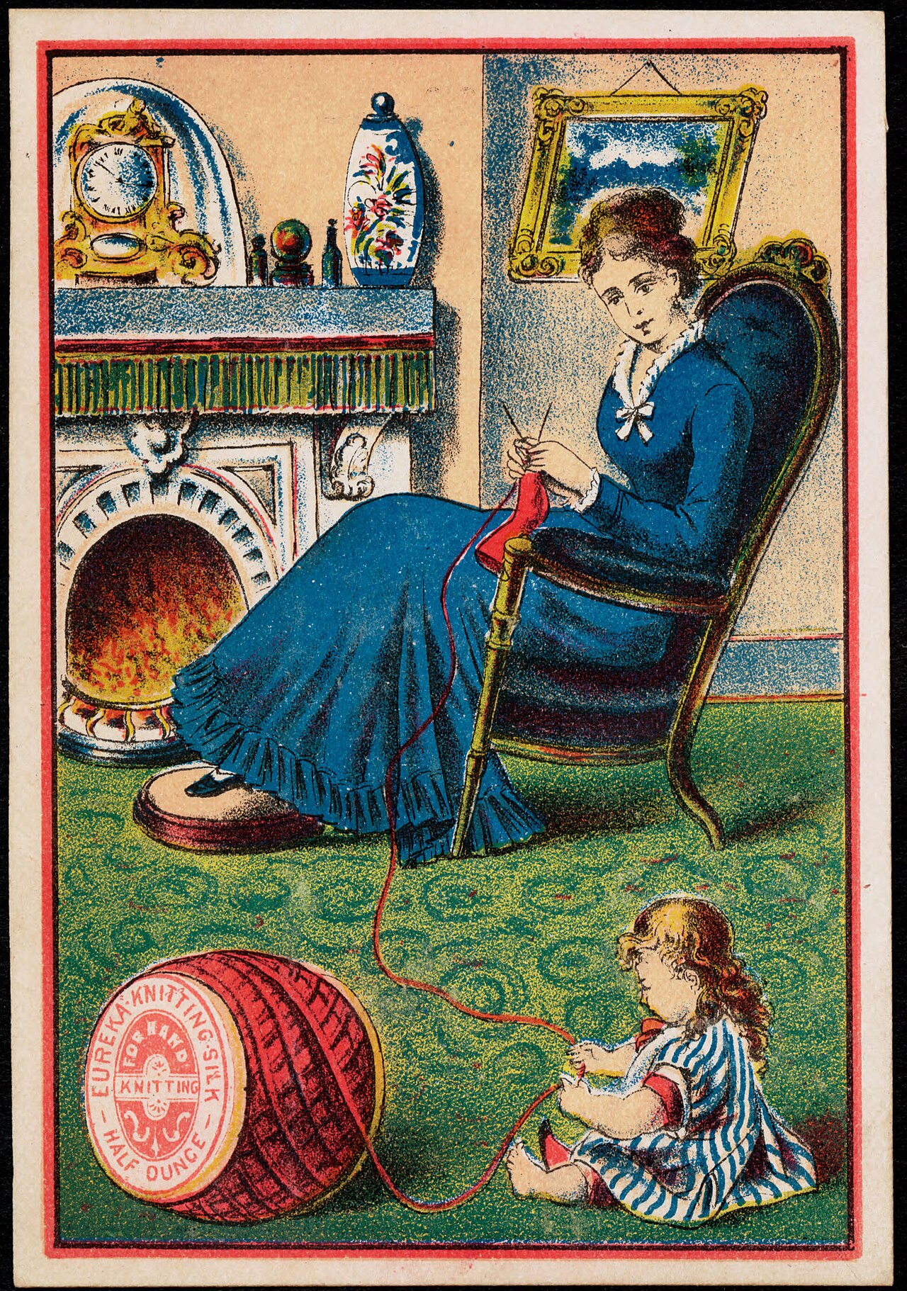 An old picture of someone knitting with yarn and needles.