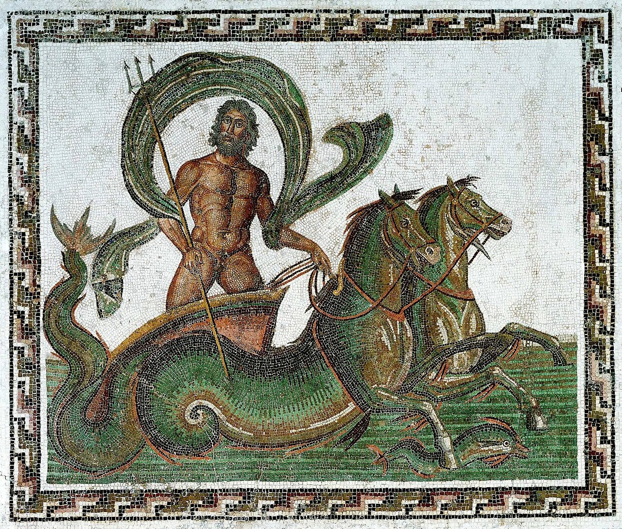 An old tile mosaic of a sea god riding a chariot pulled by sea horses.
