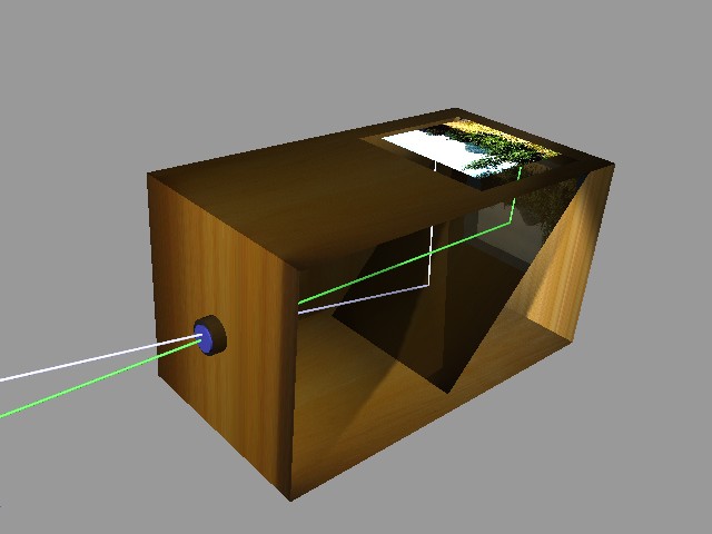 An old drawing of a simple box-shaped early camera.