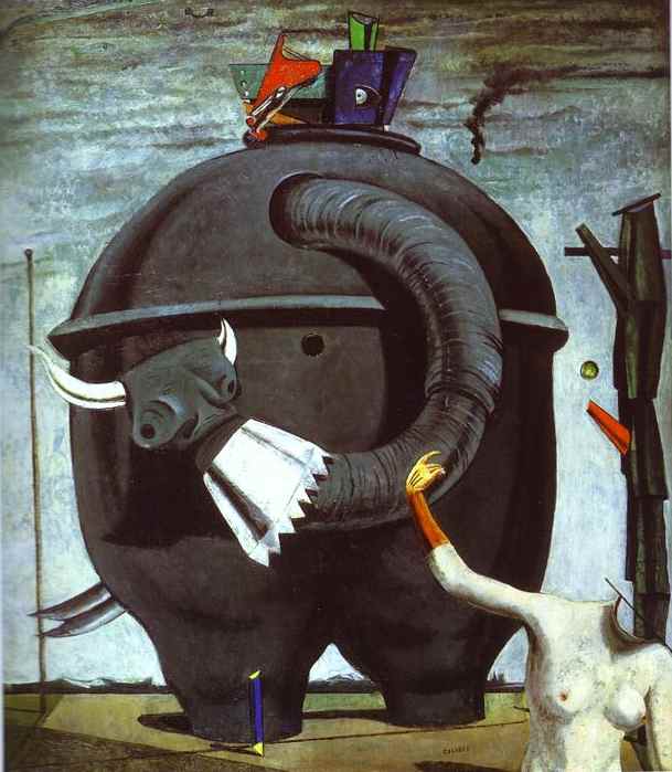 A dreamlike painting of a strange machine that looks like an elephant.