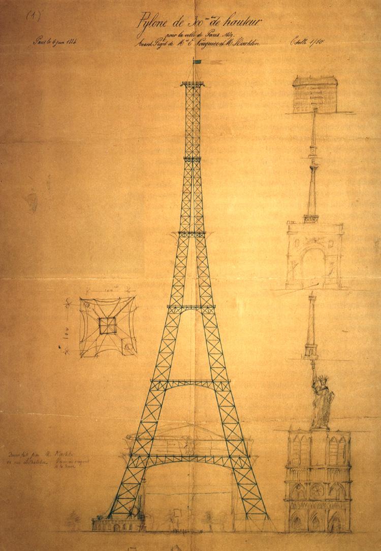 An old drawing plan showing how to build the Eiffel Tower.