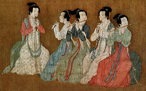 A close-up of an old Chinese painting showing people playing flutes.