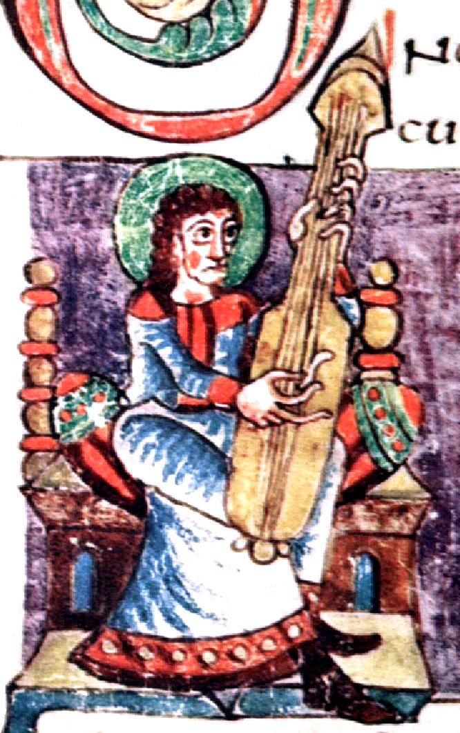 An old book drawing of an early guitar-like instrument being played.