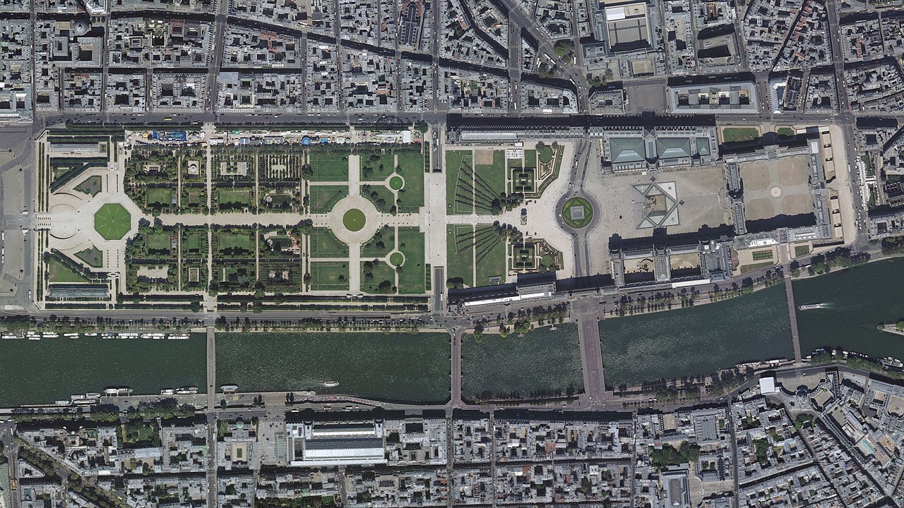 A sky view of the huge Louvre museum in Paris, France.