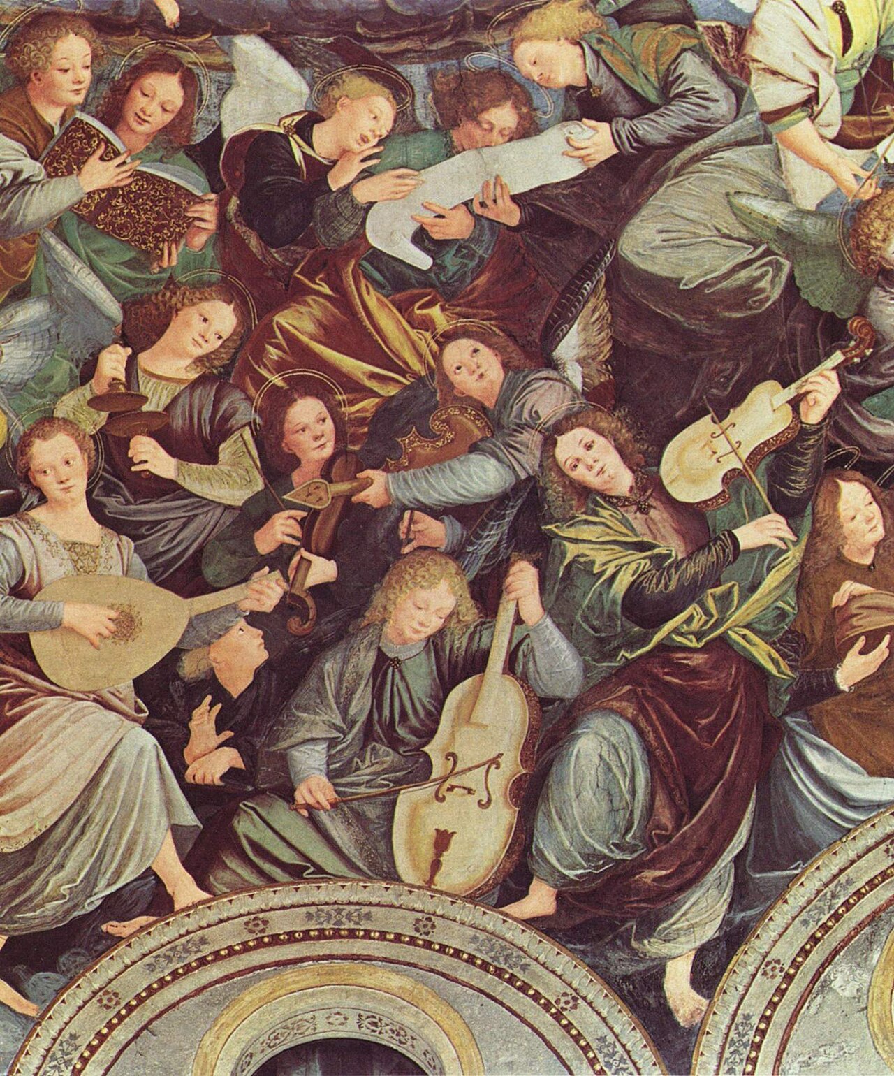 A painted angel playing a violin in an old artwork.