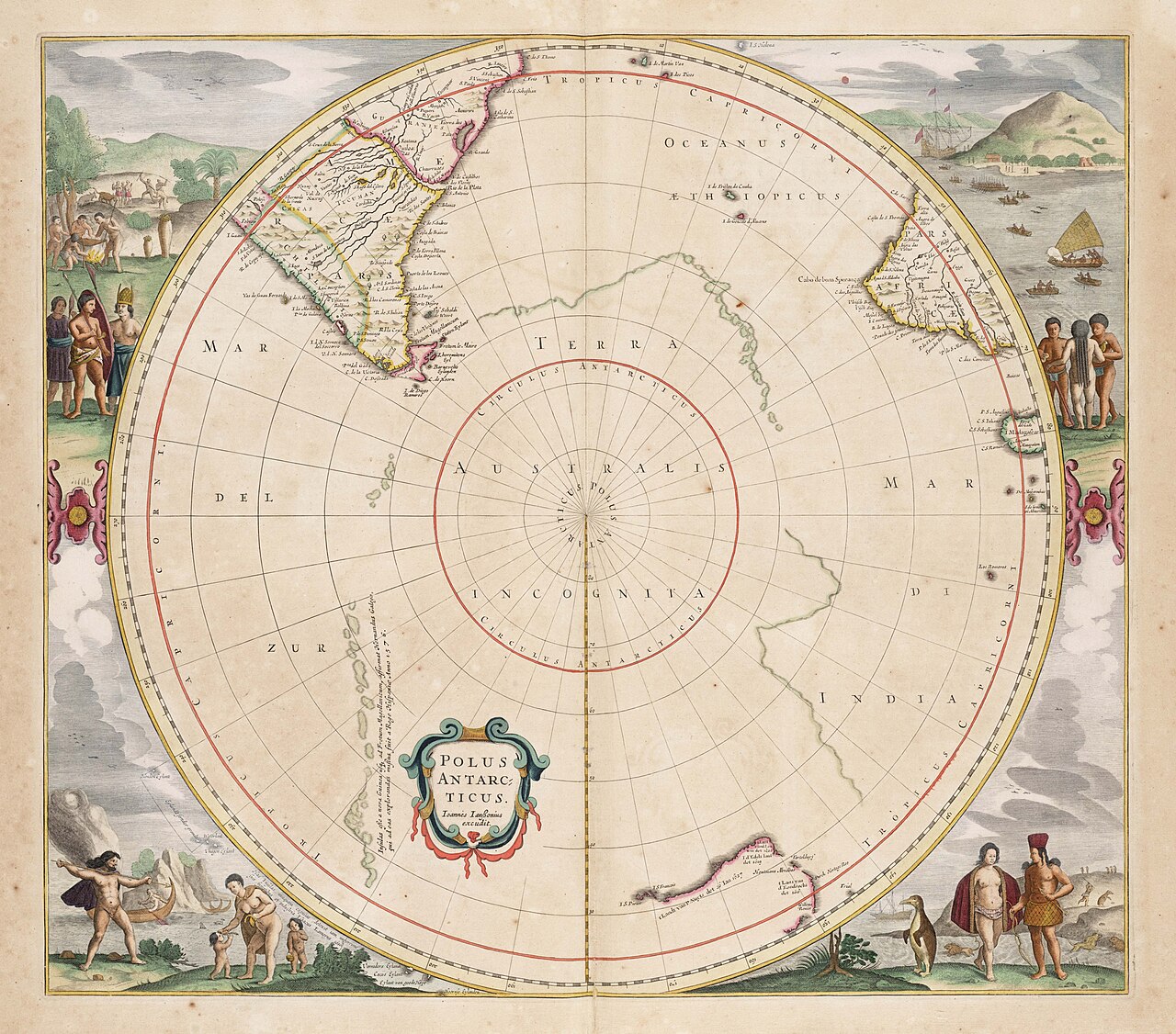 Very old map showing the South Pole and nearby seas.
