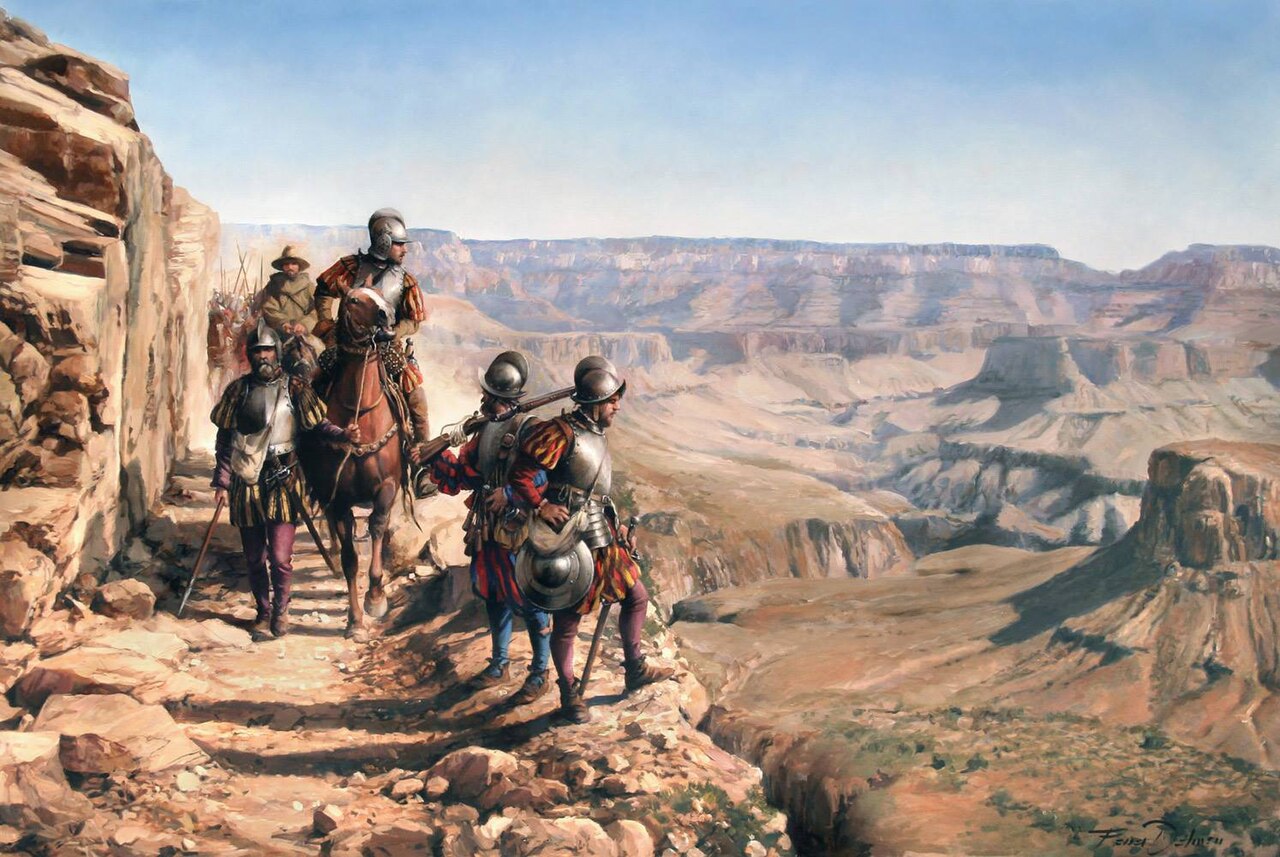 Old painting of explorers traveling along the Colorado River.