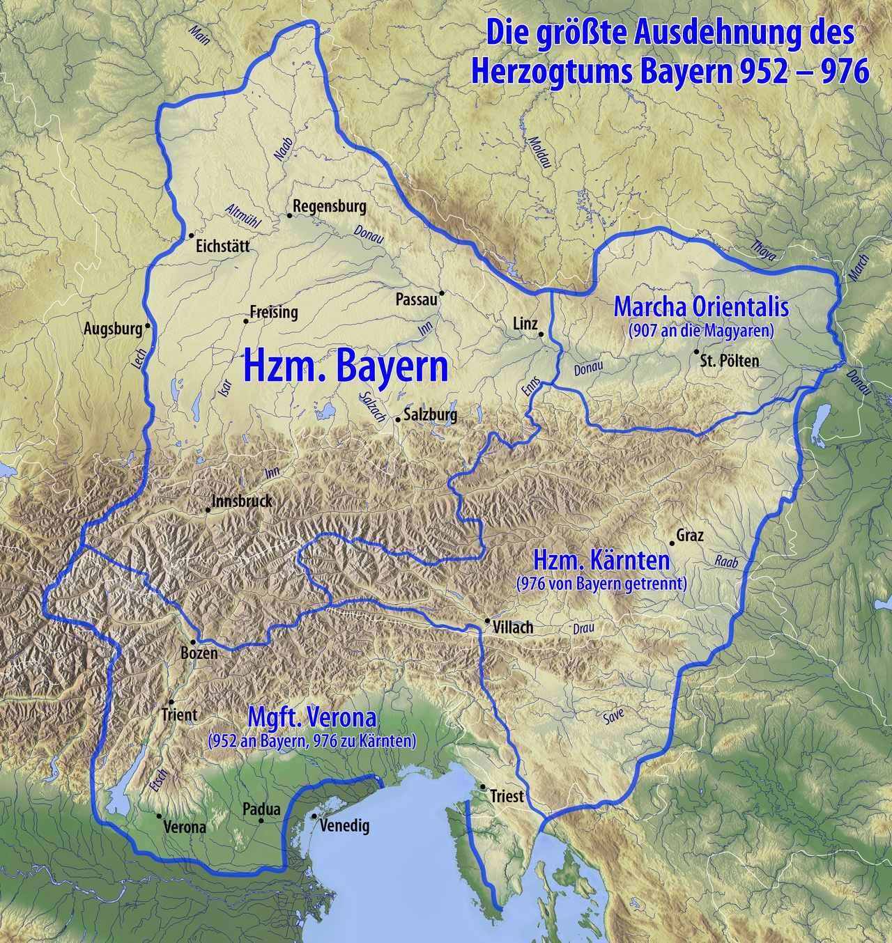 Old map showing Bavaria hundreds of years ago.