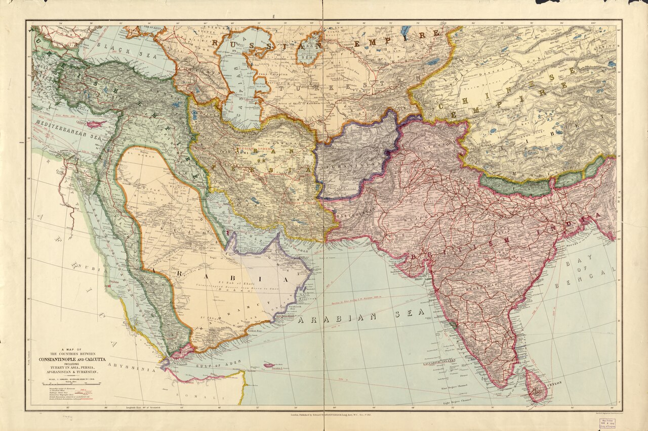 Old map showing Bhutan and its neighbors long ago.