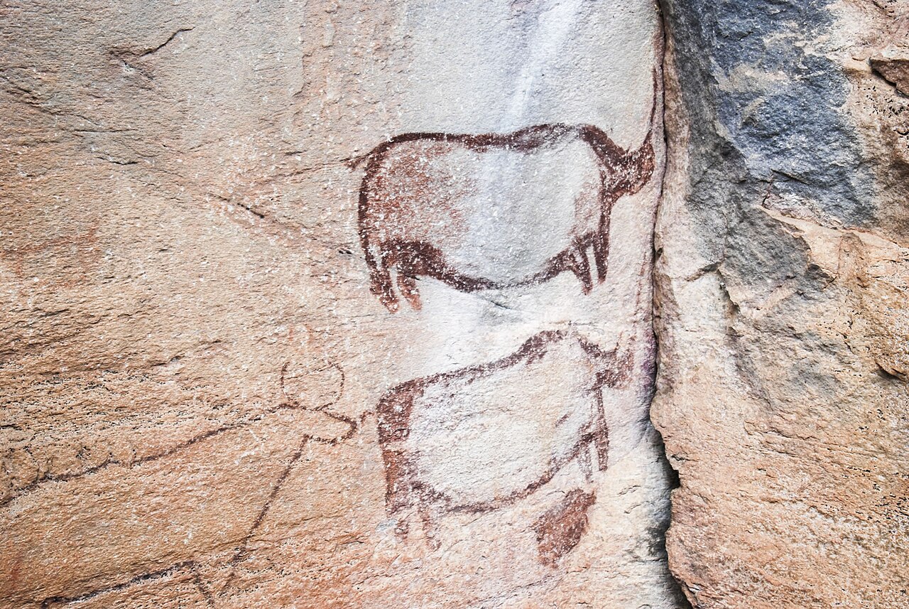 Old rock painting of two rhinos found in Botswana.