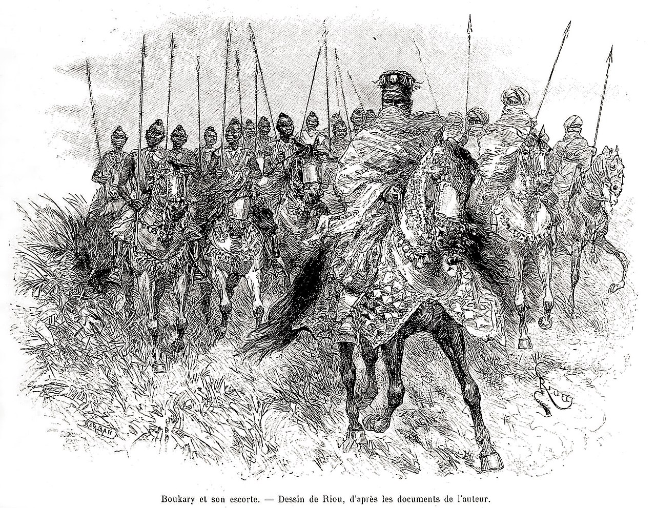 Old drawing of a Mossi king with his horse guards.