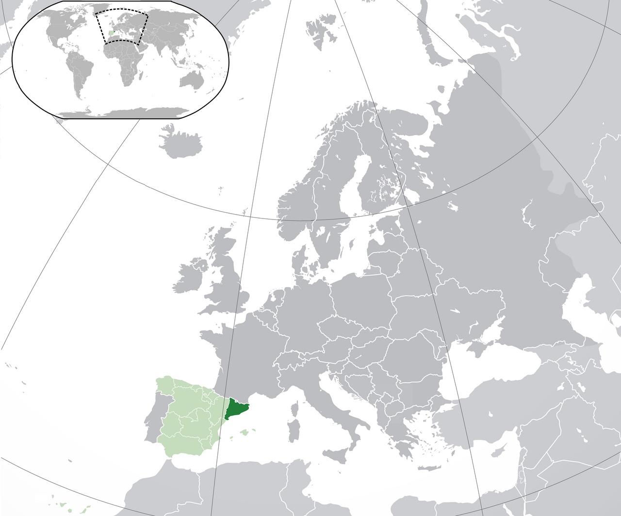 Map showing where Catalonia is in Spain and Europe.