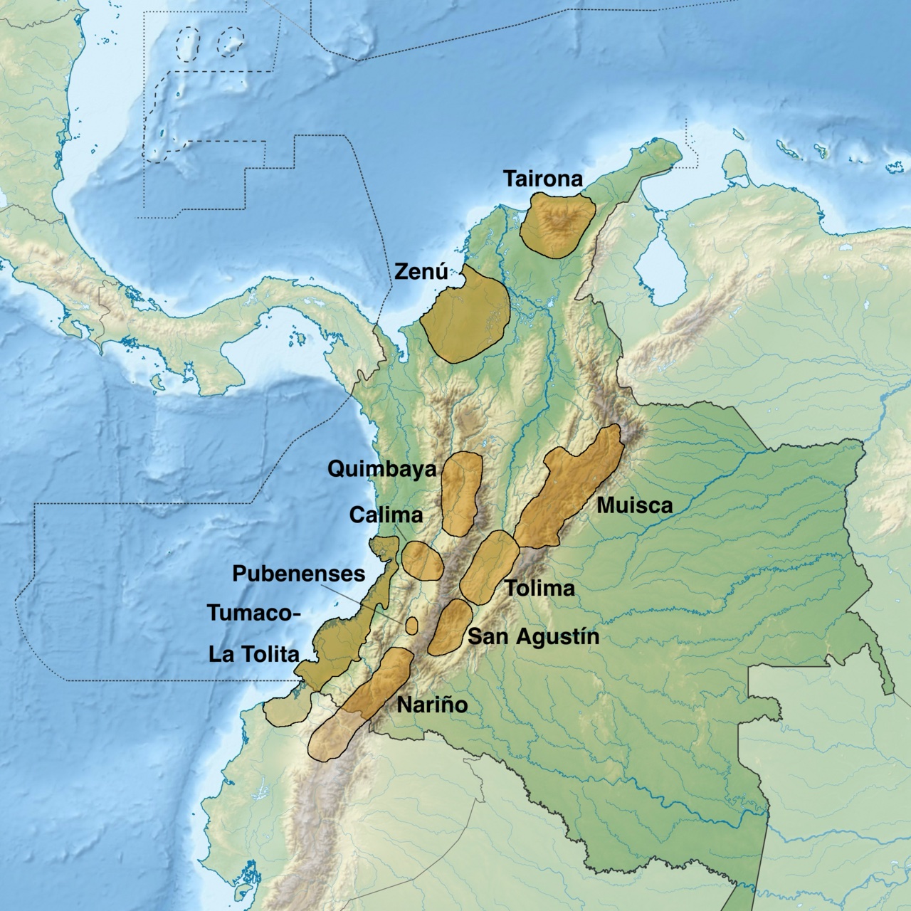 Map showing ancient native groups who lived in Colombia.
