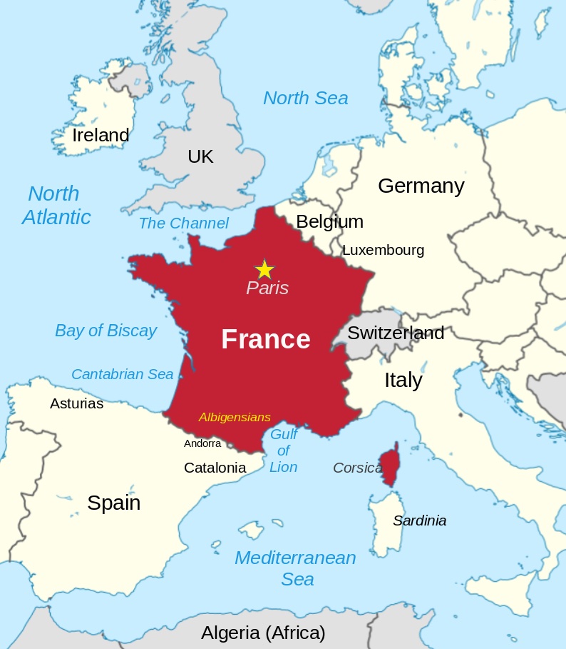 Map showing France and the countries around it.