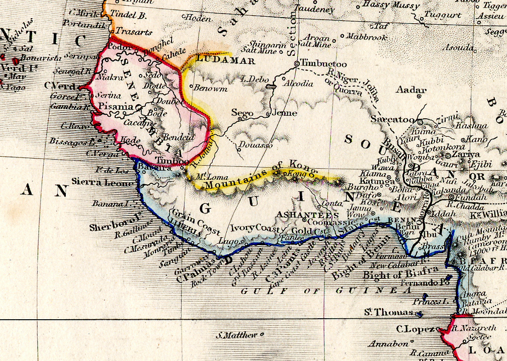 Old map showing Ghana and nearby parts of Africa.