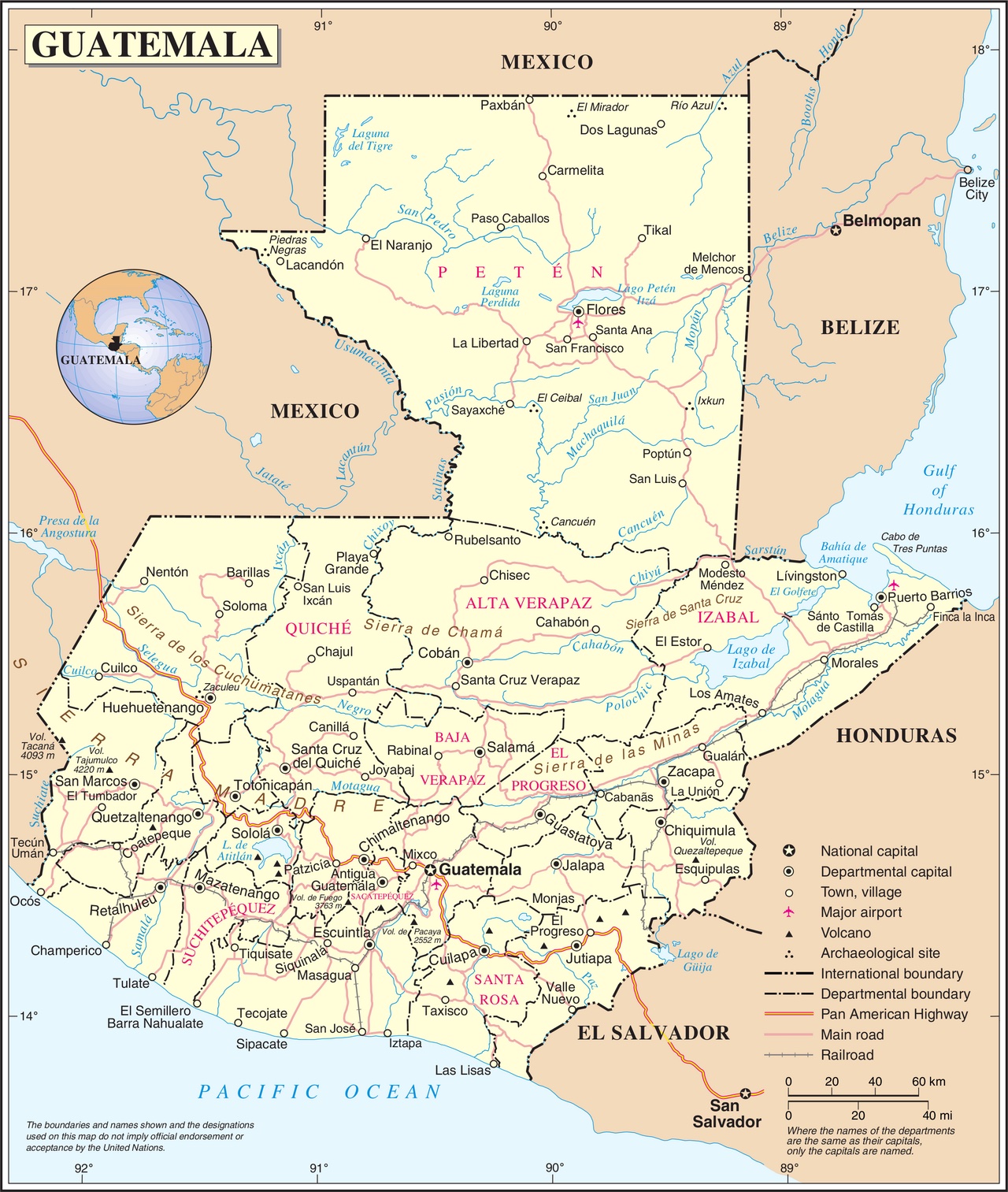 Map showing the shape and regions of Guatemala.