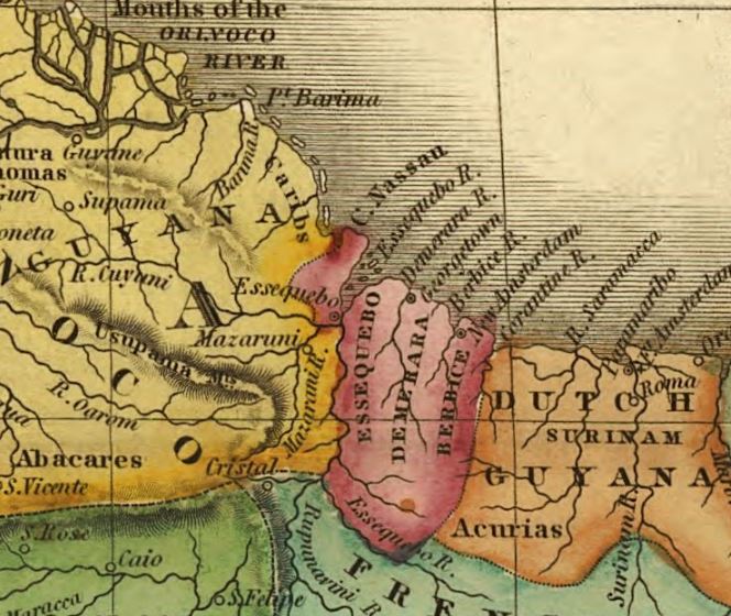 Old map showing the big rivers and borders of Guyana.