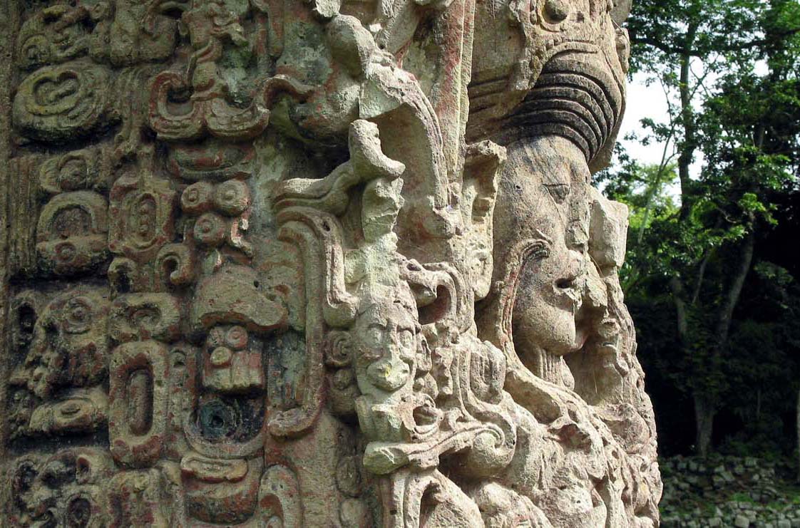 Tall carved stone from the ancient Maya city of Copan.