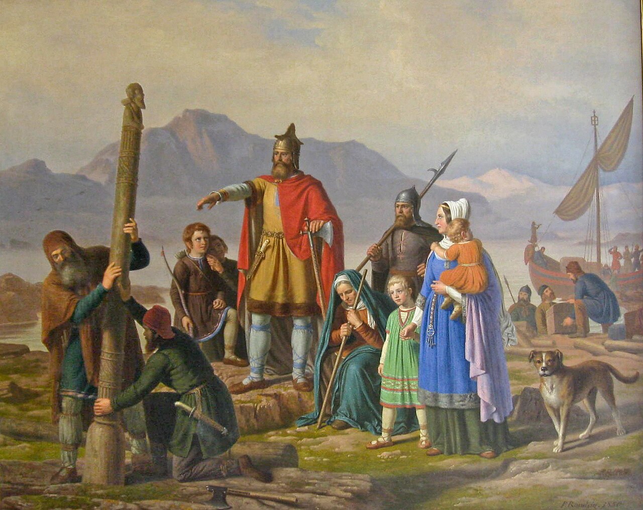 Painting of the first Viking settlers arriving in Iceland.