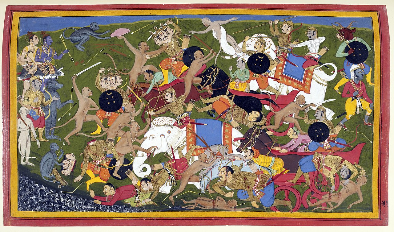 Colorful painting of a great battle from an ancient Indian story.