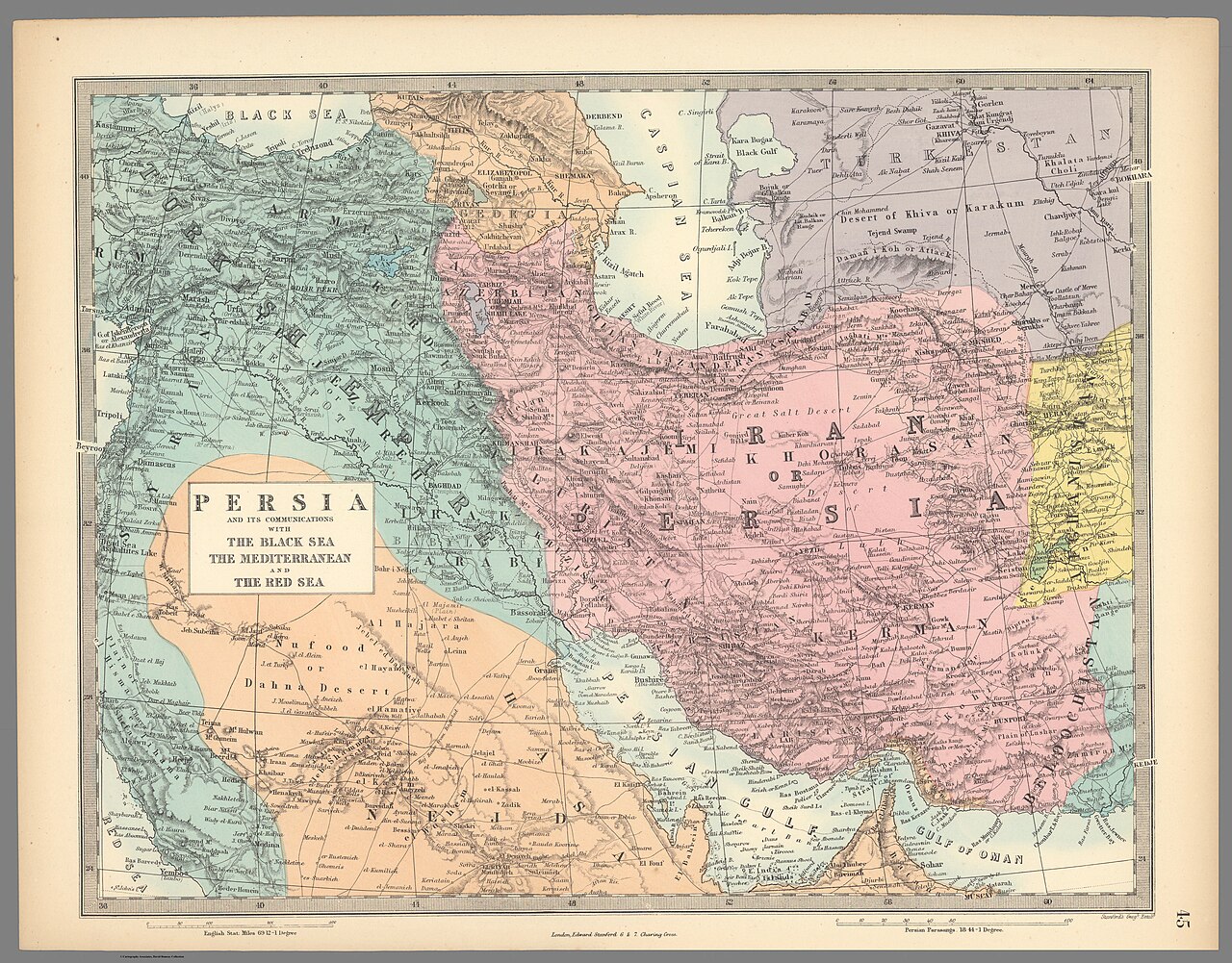Old map showing Persia and the lands around it.