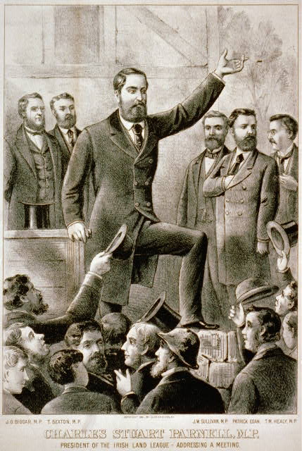 Old drawing of an Irish leader giving a speech.