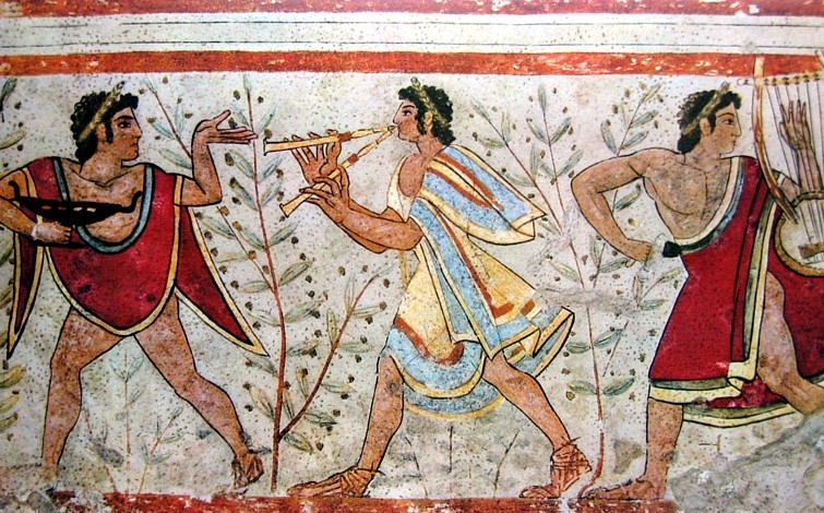 Colorful wall painting from an ancient Italian tomb.