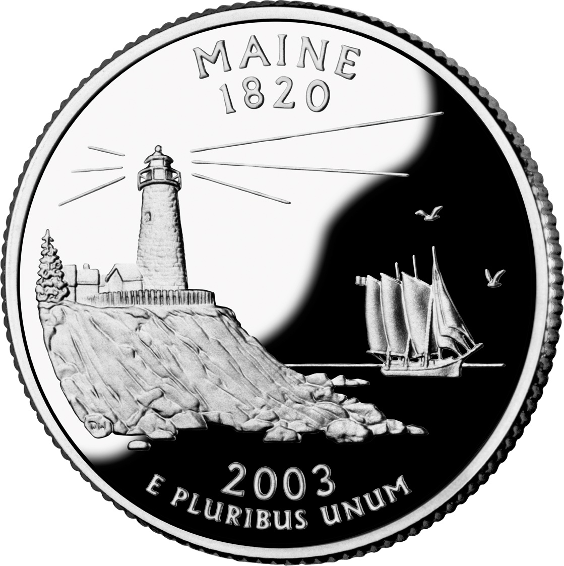 Maine state quarter showing a tall lighthouse.