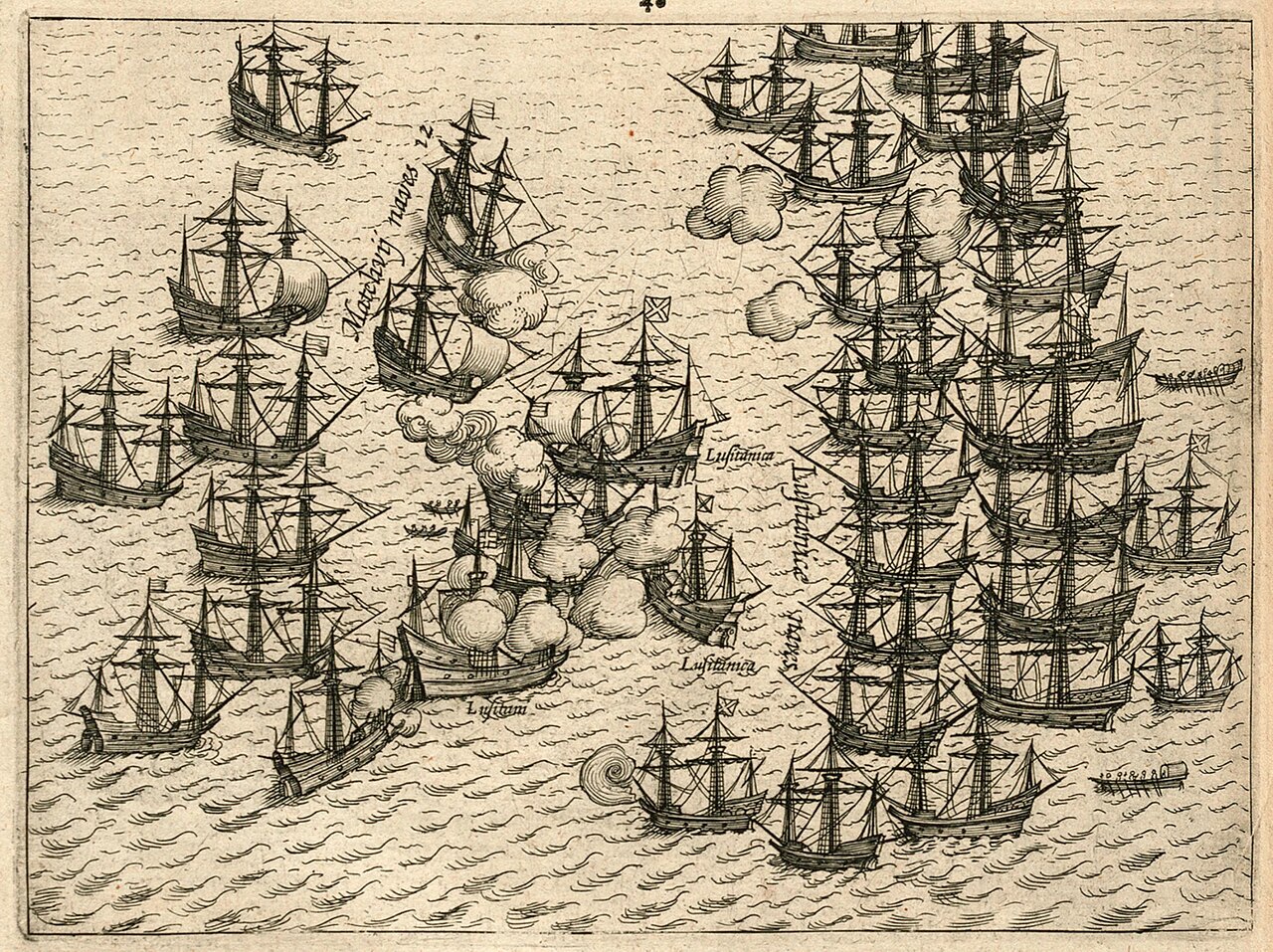 Old painting of ships fighting at sea near Malacca.