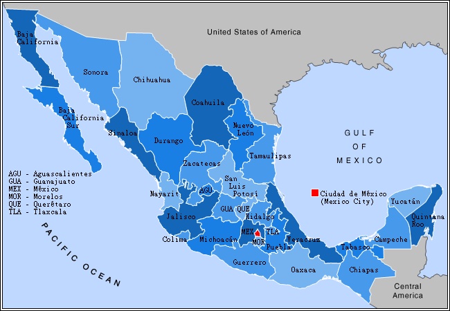 Colorful map showing all the states of Mexico.