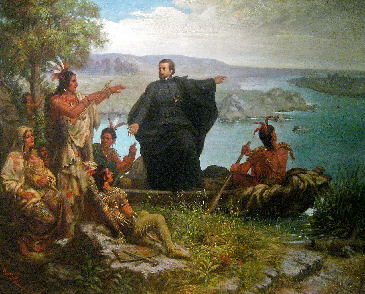 Old painting of an explorer meeting Native American people.