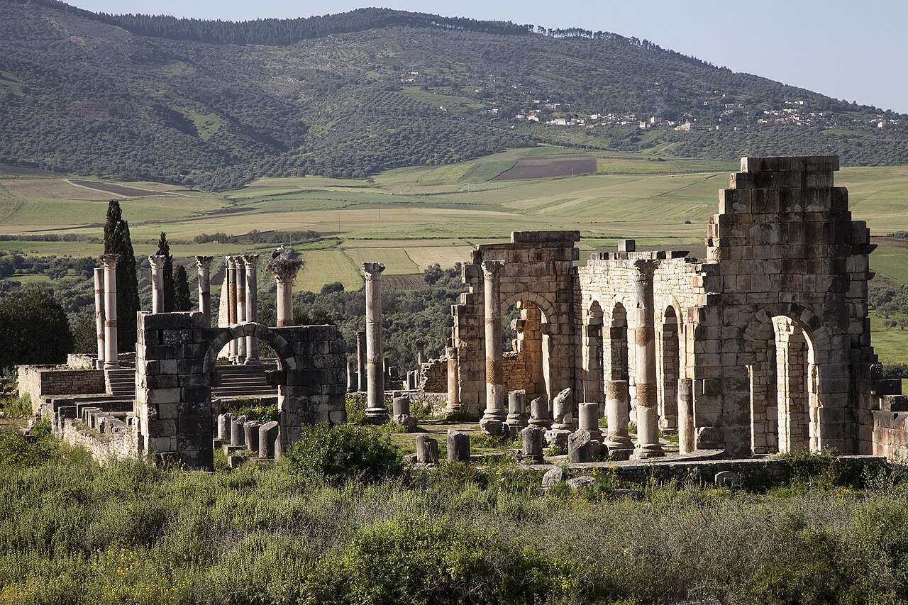 Ancient Roman ruins standing in the hills of Morocco.