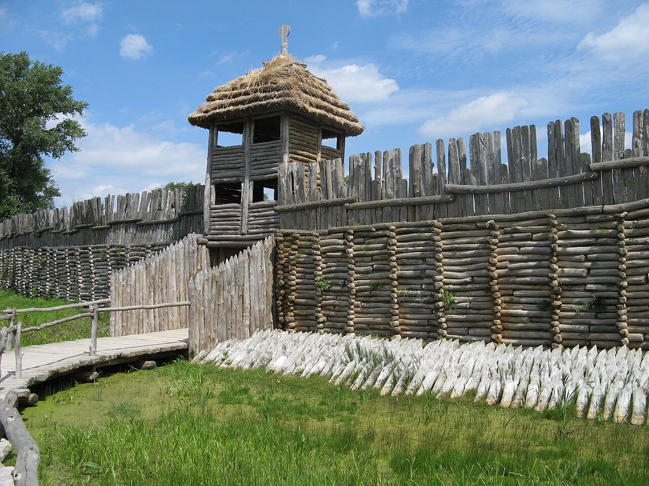 Rebuilt wooden village showing how people lived long ago.