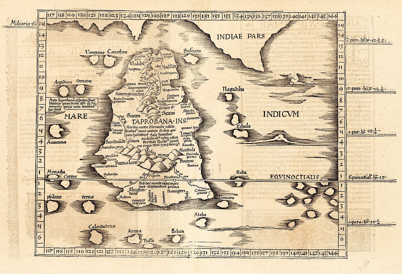 A very old map showing the island of Sri Lanka.