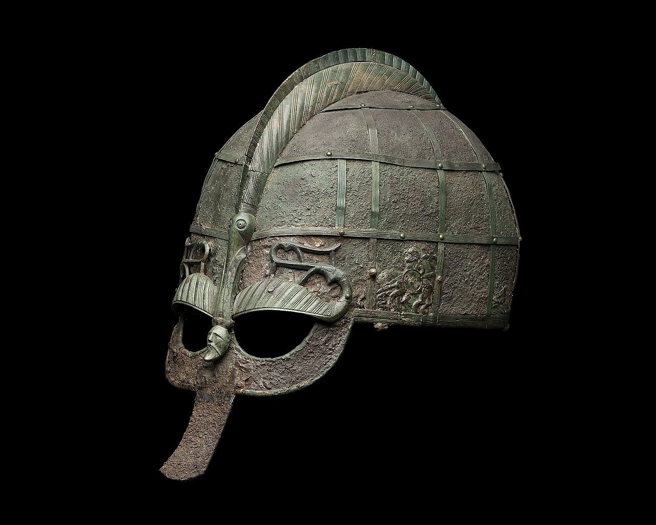 A fancy old metal helmet worn by a Swedish warrior.