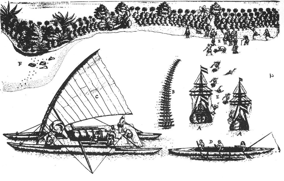 Old drawing showing European ships meeting Tongan islanders.