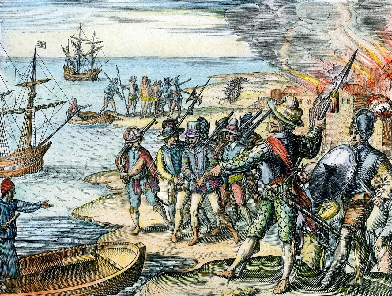 Old painting of English sailors raiding a Spanish town.