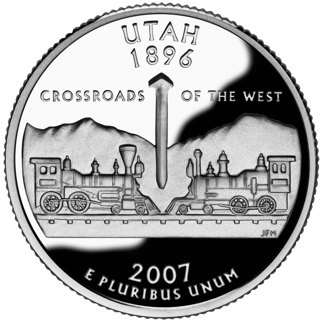 Utah state quarter showing the famous Golden Spike.