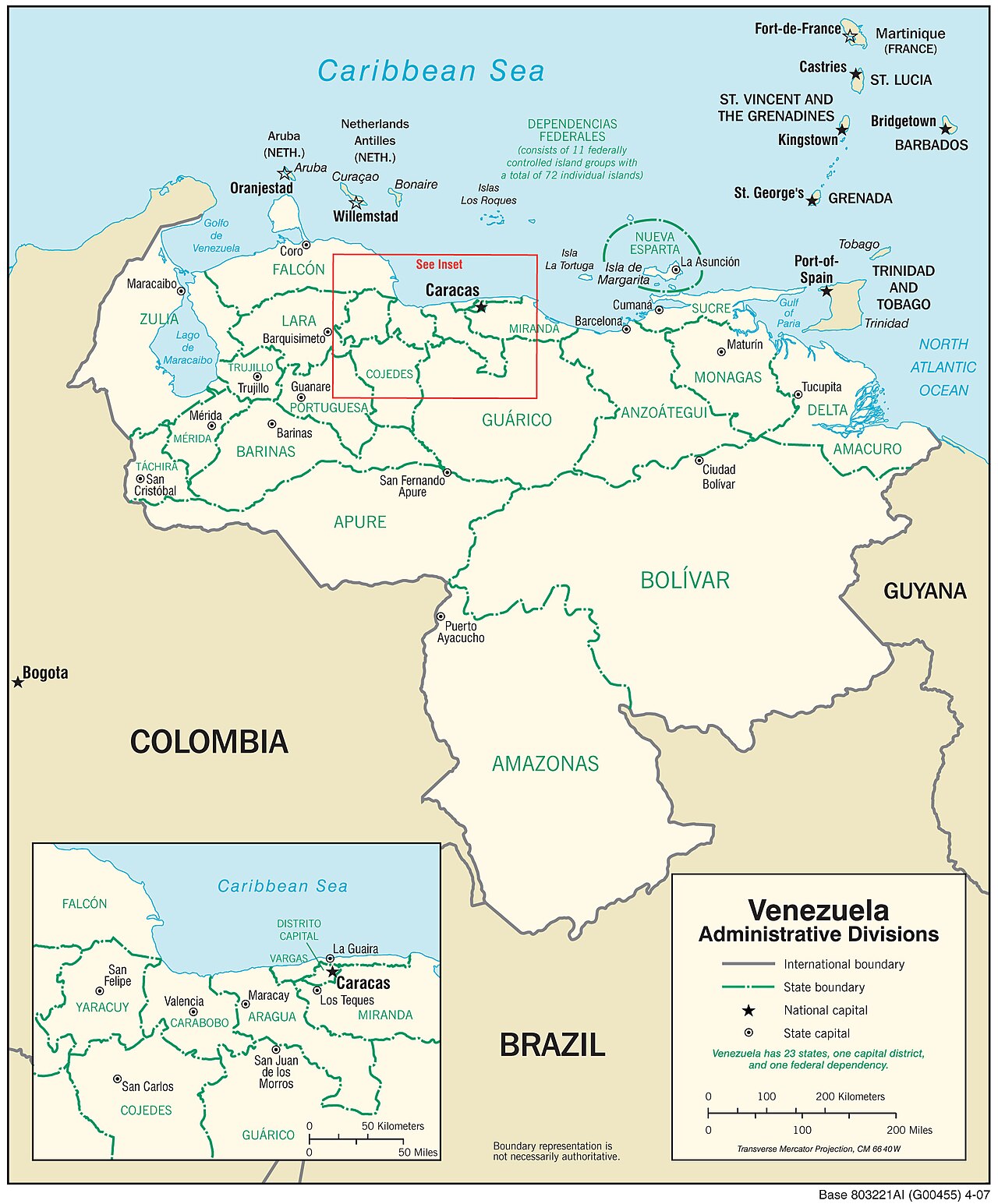 Map showing the states and regions of Venezuela.