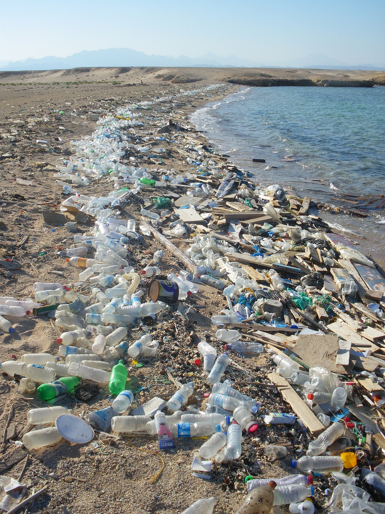 Plastic trash covers a sandy beach along the sea.