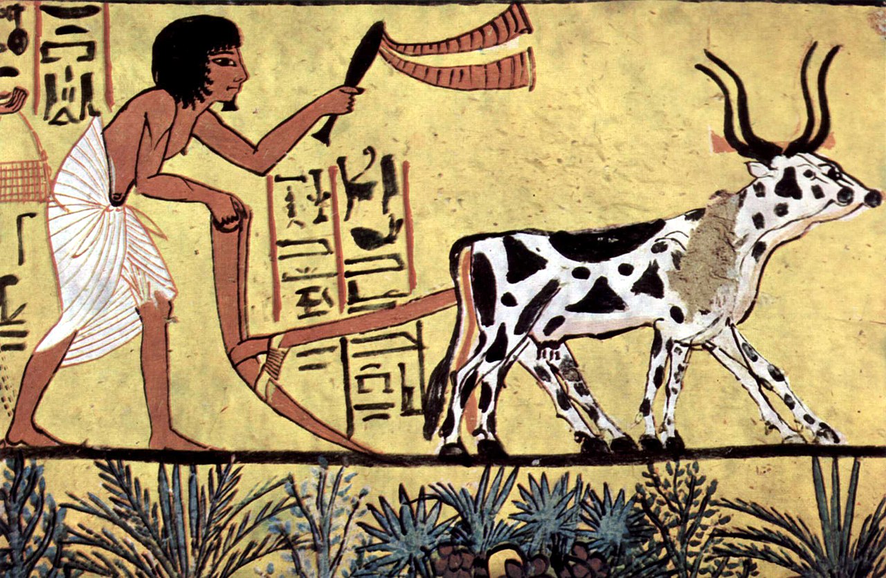 An ancient painting shows a farmer plowing fields long ago.