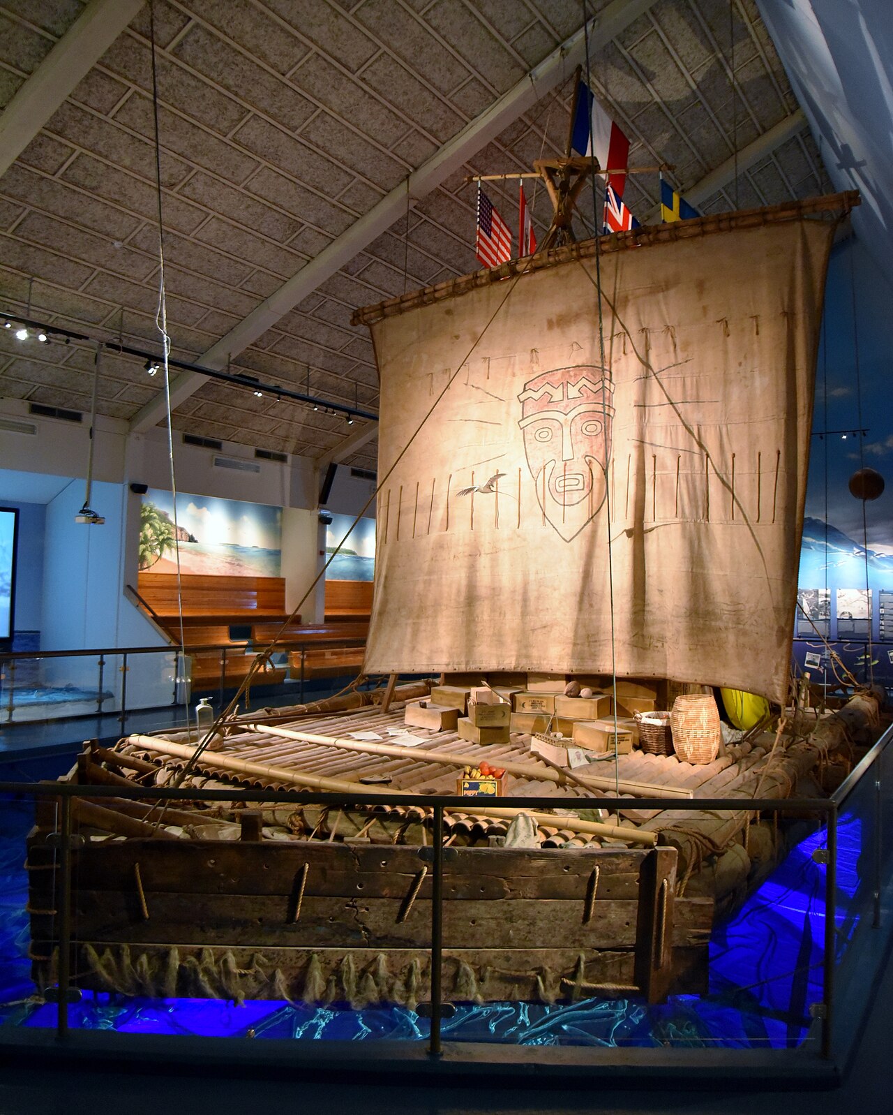 The Kon-Tiki raft on display inside a museum today.