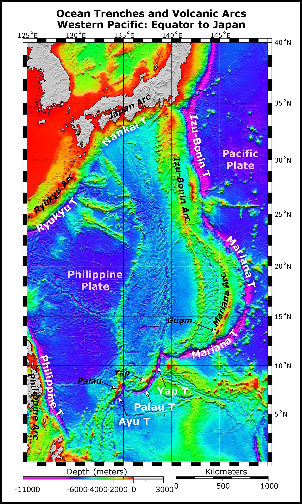 A map showing deep ocean trenches in the Pacific.