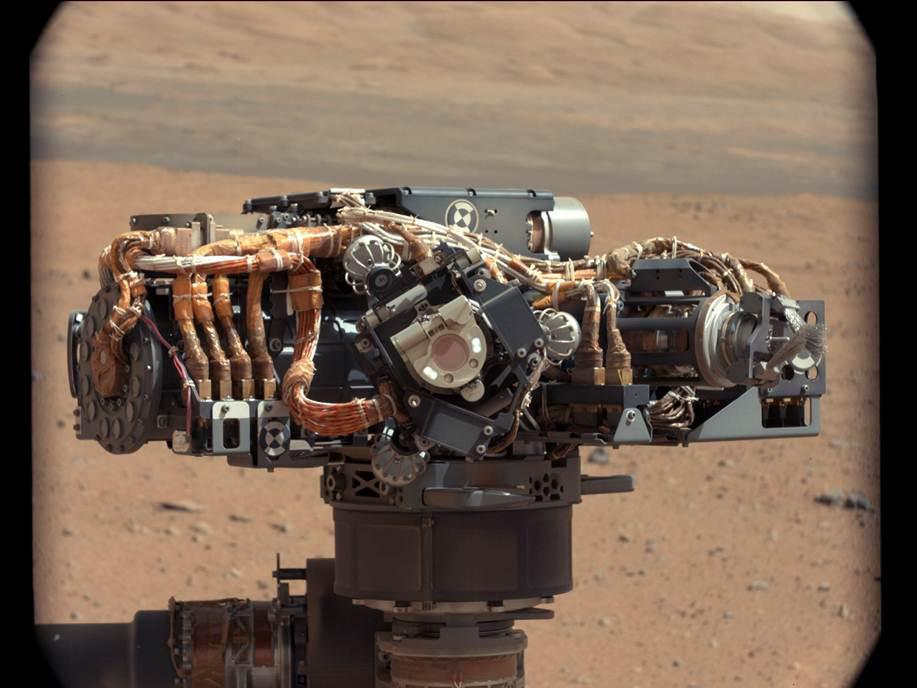 A close look at the Curiosity rover's camera on Mars.