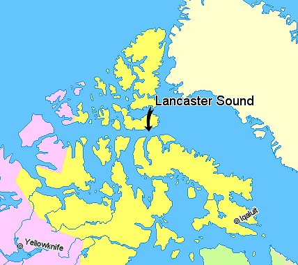 A map showing part of the icy sea path through northern Canada.