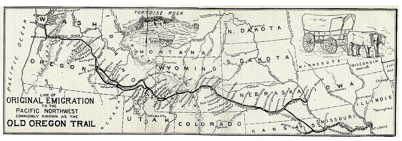 Pioneer families travel the long Oregon Trail in covered wagons.